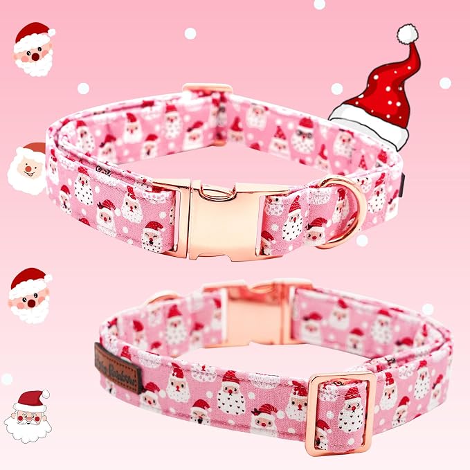 Dog Collar, Christmas Pink Santa Claus Cotton Pet Collar Bow Holiday Girl Boy - Image 4