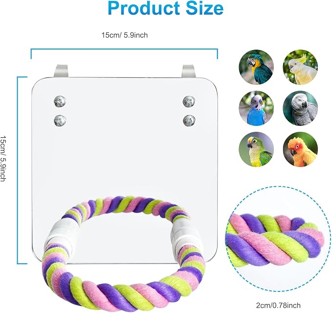 5.9" Bird Mirror with Rope Perch Bird Toys Swing, Comfy Perch - Image 2