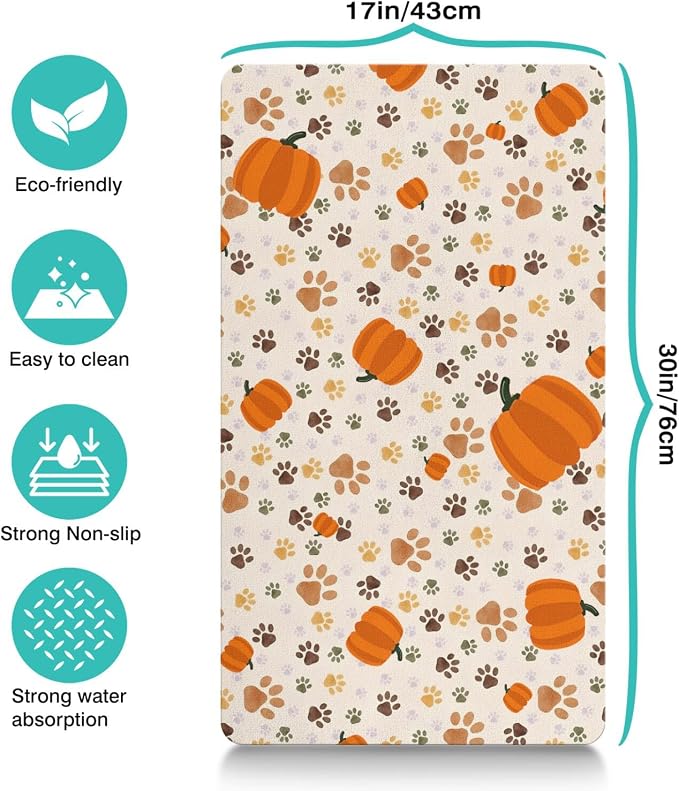 Fall Pumpkin Dog Food & Water Mat, Paw Prints Autumn Pet Feeding Mat - Image 4