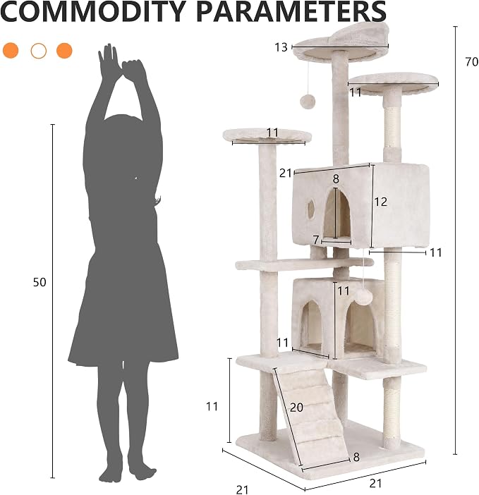 BestPet | 70" Cat Tree Tower | Beige | Sturdy, Hanging Cat Toys, Observation - Image 7
