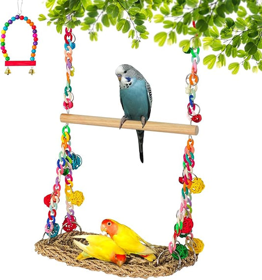 Natural Bird Swing Toys with Wood Perch, Double Layer Bird Seagrass Woven by HOME