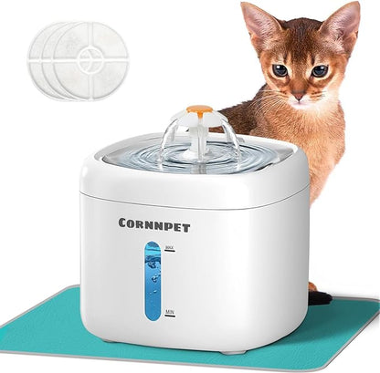 Cat Water Fountain 2.2L with 3 Filters and 1 Mat, Dual Flow Modes Dog Water by CORNNPET