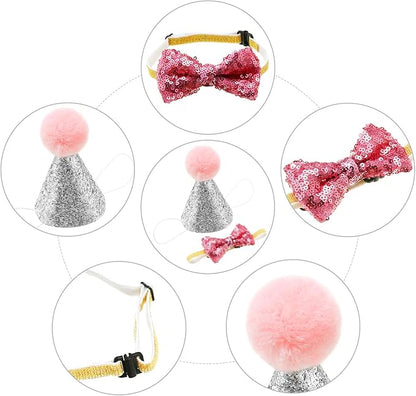SATINIOR 4 Pieces Cat Birthday Hat Bowtie Small Dog Hat Headband Topper Bowtie - Image 3
