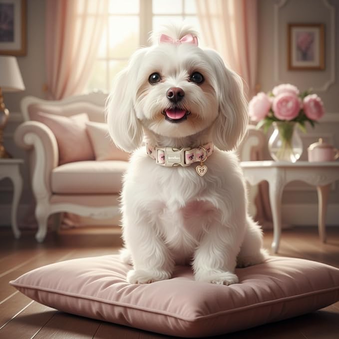 Bow Dog Collar with Pink Heart, Adjustable Cotton Dog Collar - Image 4