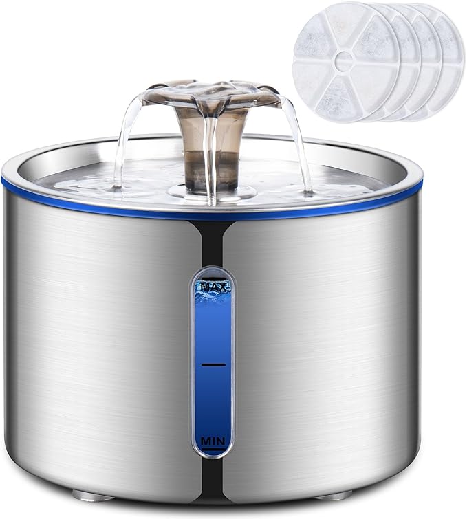 Cat Fountain, 84oz/2.5L Stainless Steel Pet Water Fountain, Automatic Dog Water by BOORCA