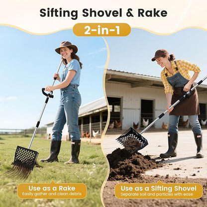 Chicken Poop Scooper and Rake, 2-in-1 Metal Sand Sifting Shovel - Image 2