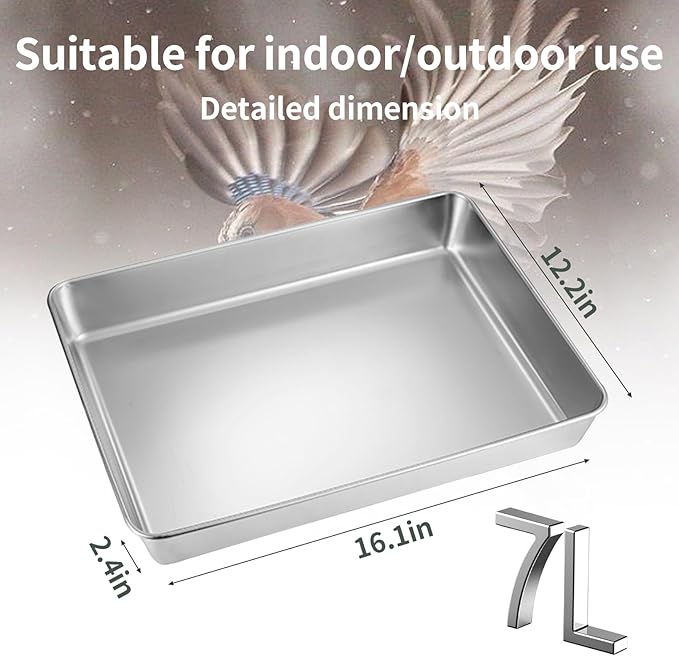 kathson Stainless Steel Bird Bath 16.14"×12.2"×2.36" Metal Bird Bath Tray Pet - Image 3