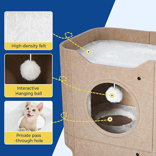 Cat House for Indoor Cats, 2-Storey Cat Bed Cave, Felt Cat Hideaway Condo - Image 2