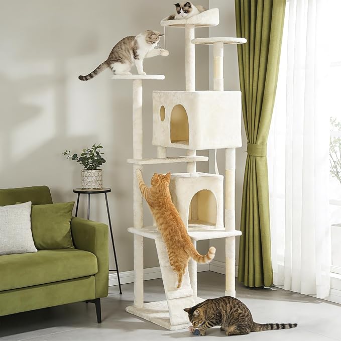 BestPet | 81" Cat Tree Tower | Cream | Sturdy, Hanging Cat Toys, Observation - Image 2
