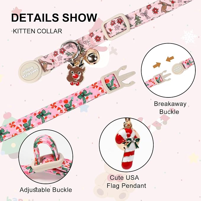 Christmas Cat Collar, Unique Style Paws Kitten Collars, Cute Pink Cats Collar - Image 3