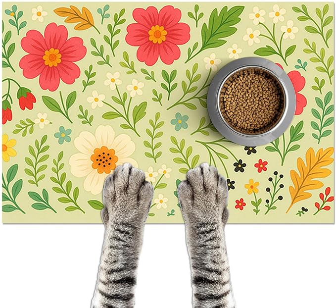 Absorbent Pet Feeding Mat Floral Design by HOMETITUTE