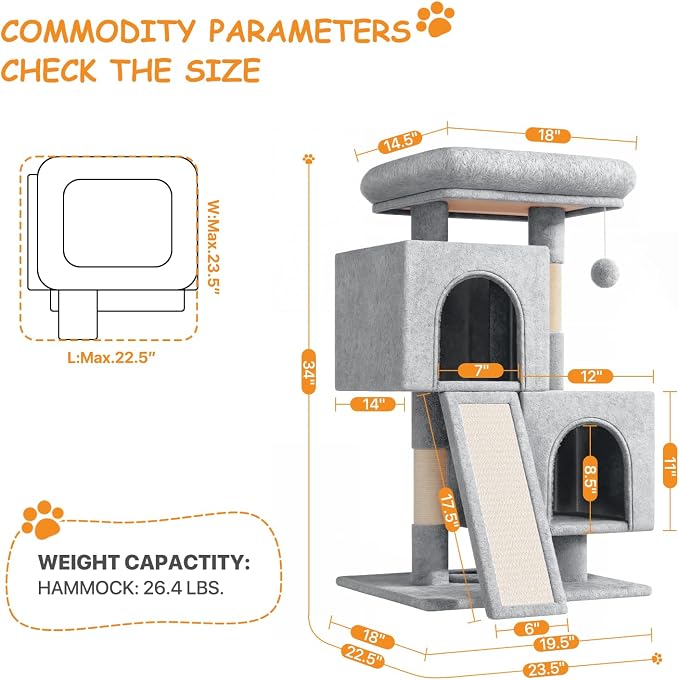 34'' Small Cat Tree with 2 Condos, Sisal Scratching Posts & Board, Sturdy Light - Image 3