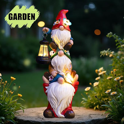 Garden Gnome Statue with Solar Lights Garden Sculptures Funny Triple Gnome - Image 6