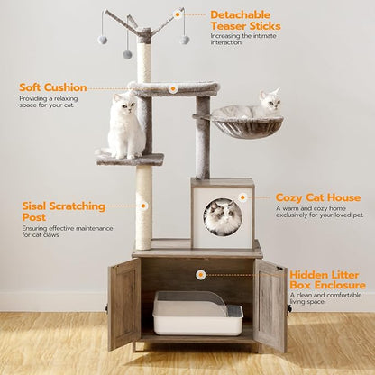 HOOBRO Cat Tree Tower with Litter Box Enclosure Indoor, Wooden Cat Condo with - Image 4