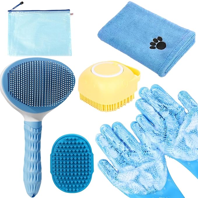 Bath Grooming Kit with Hair Brush, Towel & Scrubber Gloves by KUEIOX