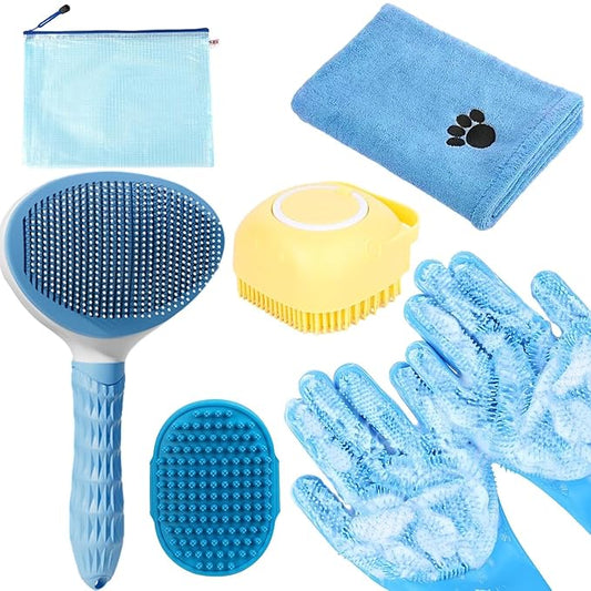 Bath Grooming Kit with Hair Brush, Towel & Scrubber Gloves by KUEIOX