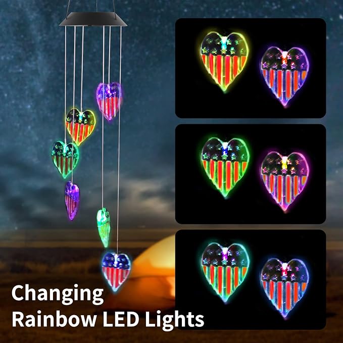 American Flag Solar Wind Chimes, Heart-Shaped Love Patriotic Wind Chime Color - Image 6
