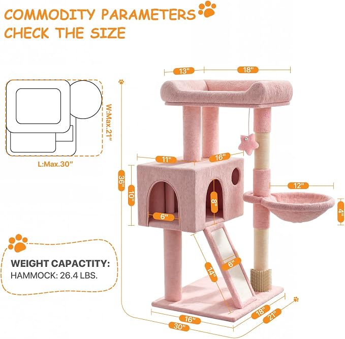 36-Inch Cat Tree for Small Cats, Cozy Condo & Scratching Board, Soft Pink Cat - Image 3