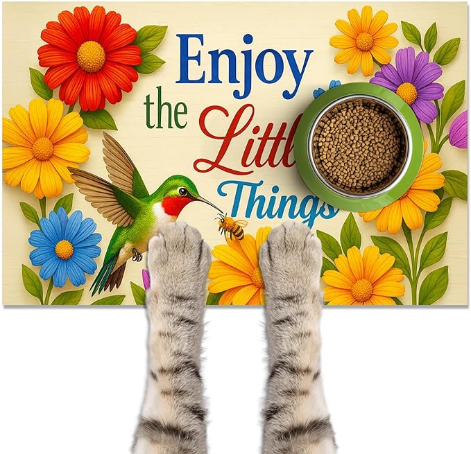 Hummingbird Pet Feeding Mat 24" x 16" Spring Design Non Slip Dog and Cat Bowl by HOMETITUTE