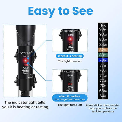 AQUANEAT Aquarium Heater, 50W Fish Tank Heater, Adjustable Submersible Water - Image 7