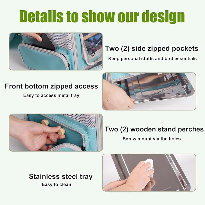 halinfer Bird Backpack Carrier Cage, Front Zipper Opening Portable Bird Travel - Image 7