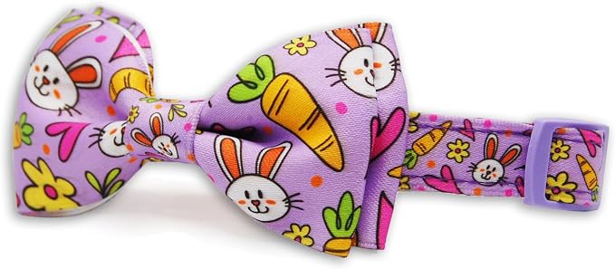 Easter Dog Collar with Bow Tie Set, Adjustable Purple Bunny and Carrot Pattern - Image 2