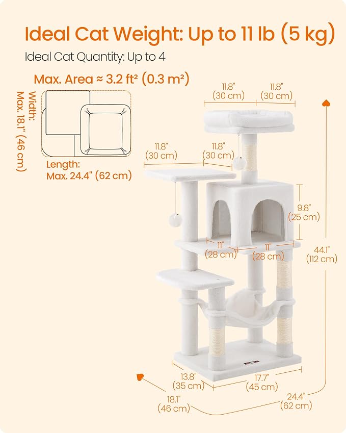 Feandrea Cat Tree, 44.1-Inch Cat Tower, Plush Multi-Level Condo - Image 5