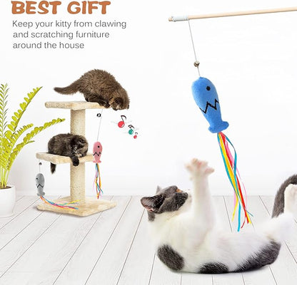 Natural Wood Cat Wand Toy with Ribbon Fish Teaser - Image 5
