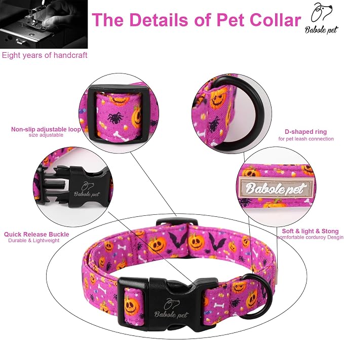 Halloween Dog Collar, Cute Pumpkin Bat Pattern Halloween Purple Puppy Collar - Image 4