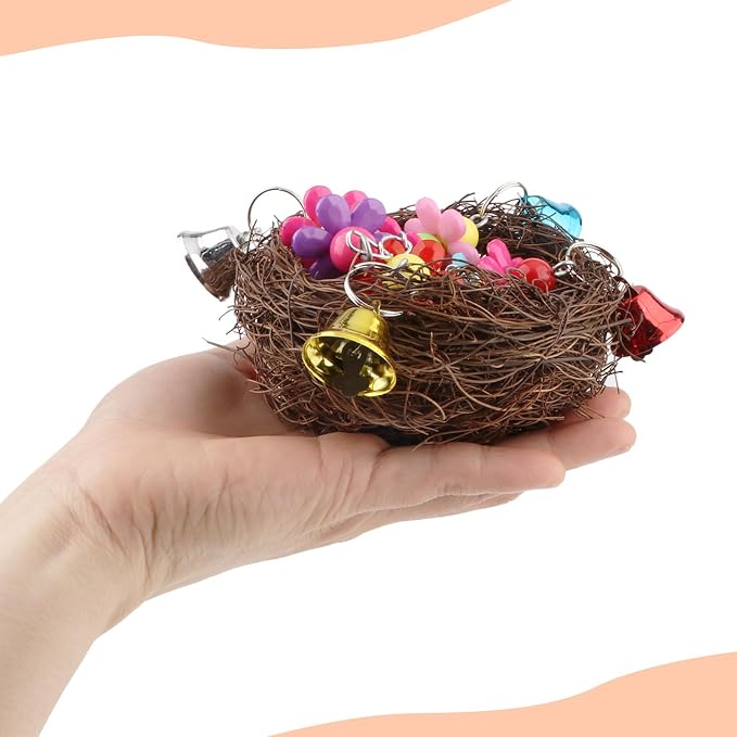 Hypeety Natural Rattan Nest Bird Swing Toy Colorful Flowers Bells - Image 4