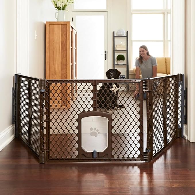 MyPet Extra Wide Dog Gate with Small Pet Door. 38.5” to 103.5" Wide. Cat Gate by MyPet