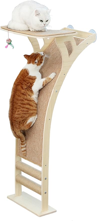 Cat Window Perch with Scratcher Ramp, Wood Kitty Bed by Caloreduce