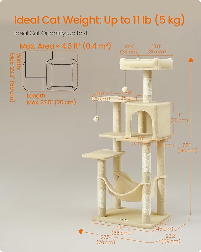 Feandrea Cat Tree, 55.1-Inch Cat Tower, Plush Multi-Level Condo - Image 5