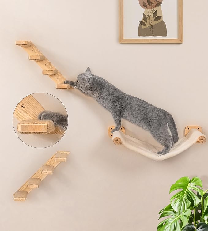 Cat Wall Shelves with 1 Floating Fabric Hammock, 2 Ladders with 4 Steps Each & - Image 2