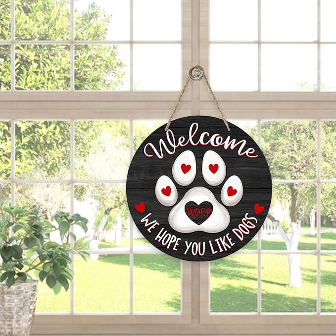 Deroro Welcome We Hope You Like Dogs Front Door Sign, Dog Cat Paw Print Black - Image 5