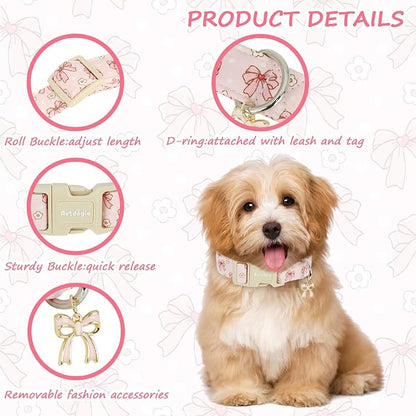 Pink Bow Dog Collar with Flower, Adjustable Cotton Puppy Collar, Cute Girl Boy - Image 3