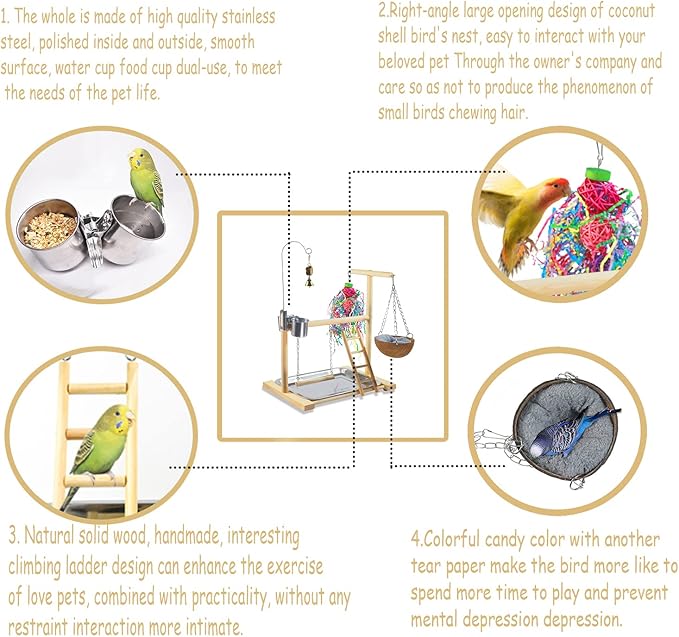 Bird Stand Fun Straw Bell Toys, Parrot Wooden Platform Stand - Image 3