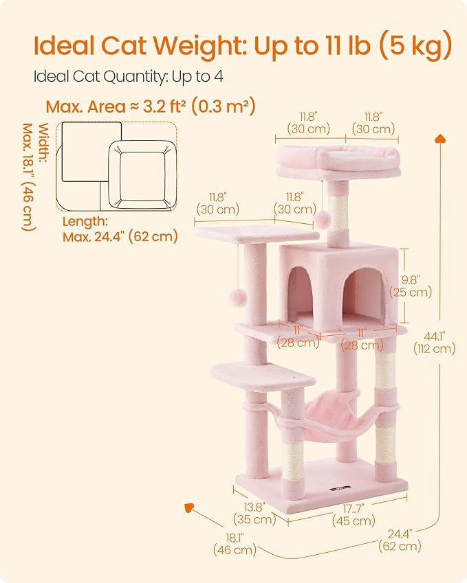 Feandrea Cat Tree, 44.1-Inch Cat Tower, Plush Multi-Level Condo - Image 5