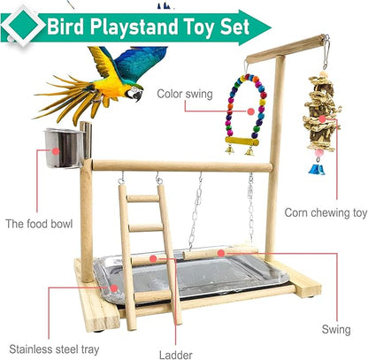 Hamiledyi Bird Playground Parrots Play Stand Natural Wooden Parrot Perch Gym - Image 2