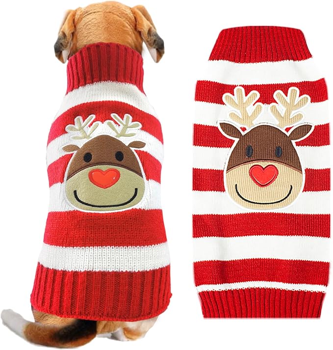 Dog Christmas Sweater Cute Striped Reindeer Xmas Pet Clothes Holiday Puppy Cat by DOGGYZSTYLE