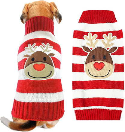 Dog Christmas Sweater Cute Striped Reindeer Xmas Pet Clothes Holiday Puppy Cat by DOGGYZSTYLE