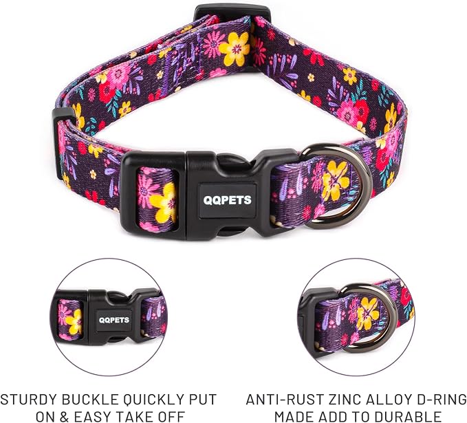 QQPETS Adjustable Soft Dog Collar: Print Flower Pink Multicolor Cute Patterns - Image 8