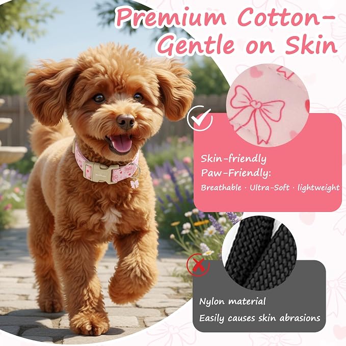 Pink Bow Dog Collar, Adjustable Cotton Dog Collar - Image 4