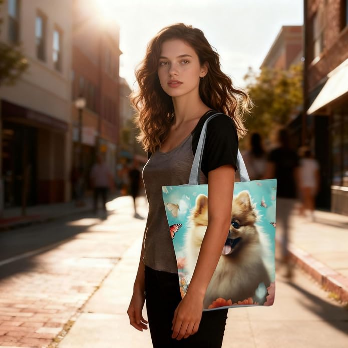 Cute Dog with Butterfly and Floral Design Tote Bag with Zipper Closure Outdoor - Image 3