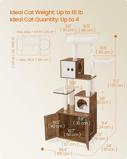 Feandrea Cat Tree with Litter Box Enclosure, 70.1-Inch Tall Cat Tower, 2-in-1 - Image 5