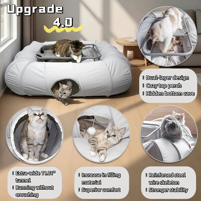 XxingSheep 2-Tier Cat Tunnel & Hammock Bed XXL, 4 Cave Shuttle - Image 3