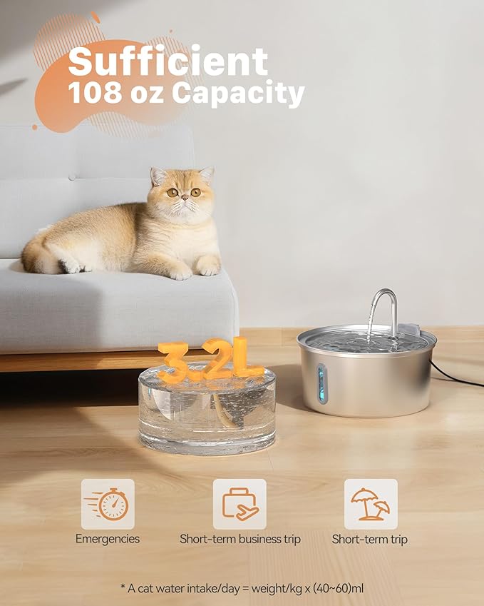 Cat Water Fountain Stainless Steel: 108oz/3.2L Cat Fountain - Image 2
