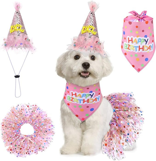 Dog Birthday Bandana with Hat and Dress Girl Set Puppy Birthday Party Supplies by Unknown