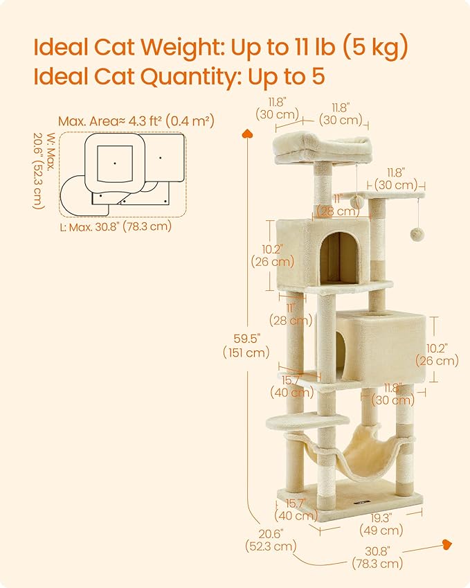 Feandrea Cat Tree, 59.5-Inch Tall Cat Tower, Plush Multi-Level Condo - Image 5