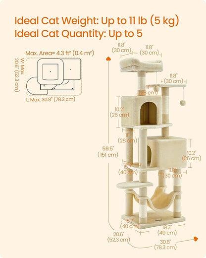 Feandrea Cat Tree, 59.5-Inch Tall Cat Tower, Plush Multi-Level Condo - Image 5